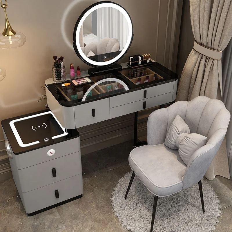 Modern Bedroom Wood Panel Lighted Mirrored Makeup Vanity Dressing Table Set