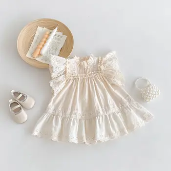 Summer girls' cotton and linen elegant lace stitching dress baby girls' fashionable princess dress flounced sleeve skirt