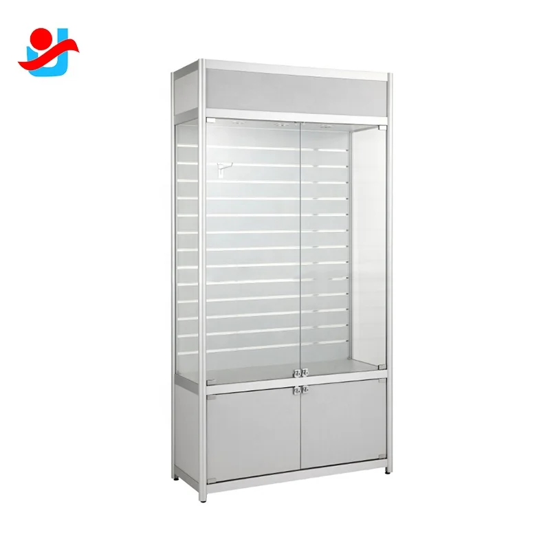 Slat Wall Design Smoke Shop Display Cases Aluminium Cabinet with Glass for Jewelry Store Display Elegant Perfume Shop Interior