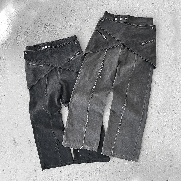 For Y2K High Waist Stone Wash Double Layer Detachable Skirt Vintage Denim Pants Baggy Trousers Flared Jeans Button Winter Men gallery 9