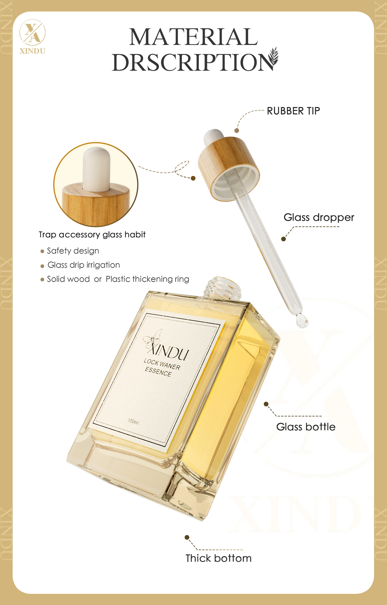 30ml 50ml 100ml Flat Square Rectangle Luxury Bamboo Head Dropper Essential Oil Glass Bottles Perfumes Packaging Glass Bottles