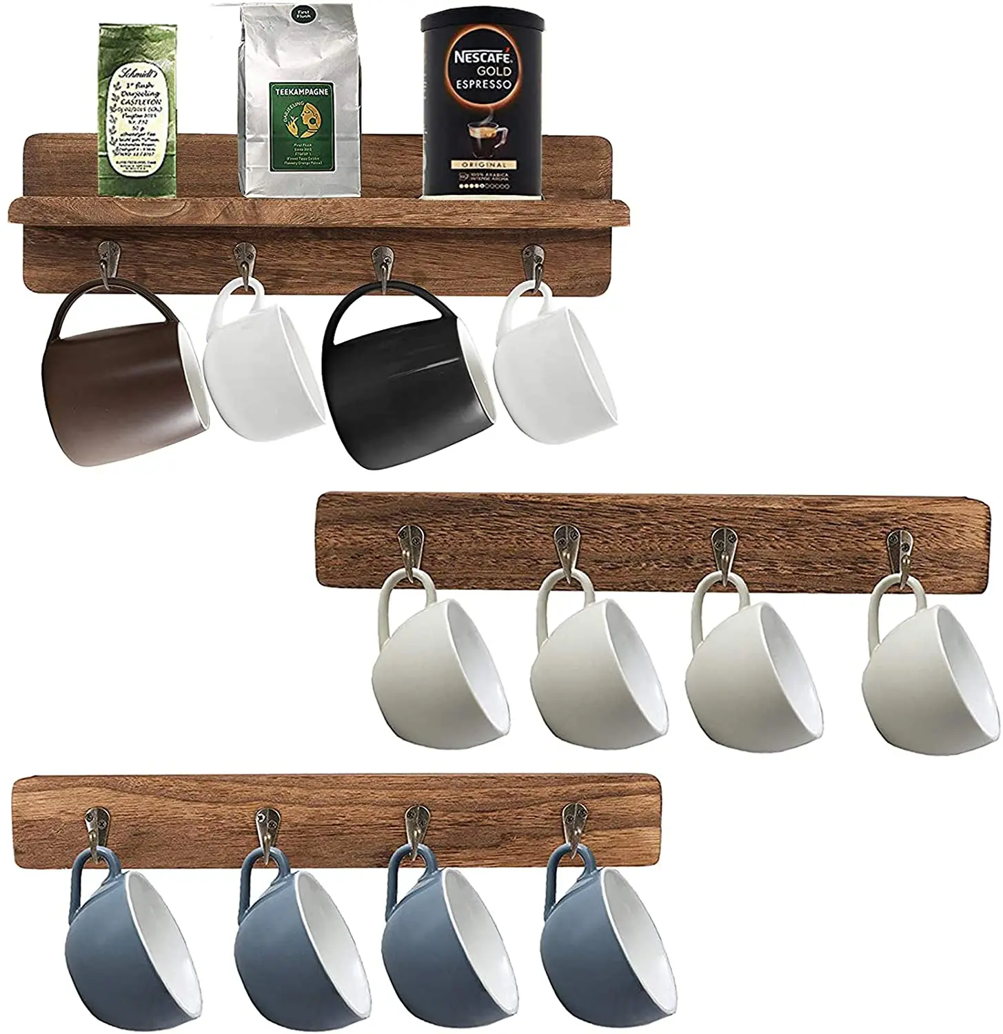 juego de cocina para 4 tazas de café estante de almacenamiento de madera Soporte para taza de café soporte de madera soporte tazas soporte accesorios de cocina con ganchos de metal 