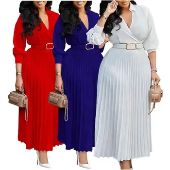 Trendy Spring Dresses Women Lady Elegant Solid Color Long Sleeve V-neck Pleated Dress Elegant Casual Dresses With Belt