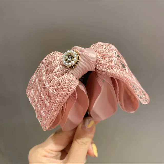 Wholesale Korean Non-slip Sweet Japanese Big Bow Hollow Banana Clip Plastic Lace Girl Luxury Vertical Clip Hair Clip
