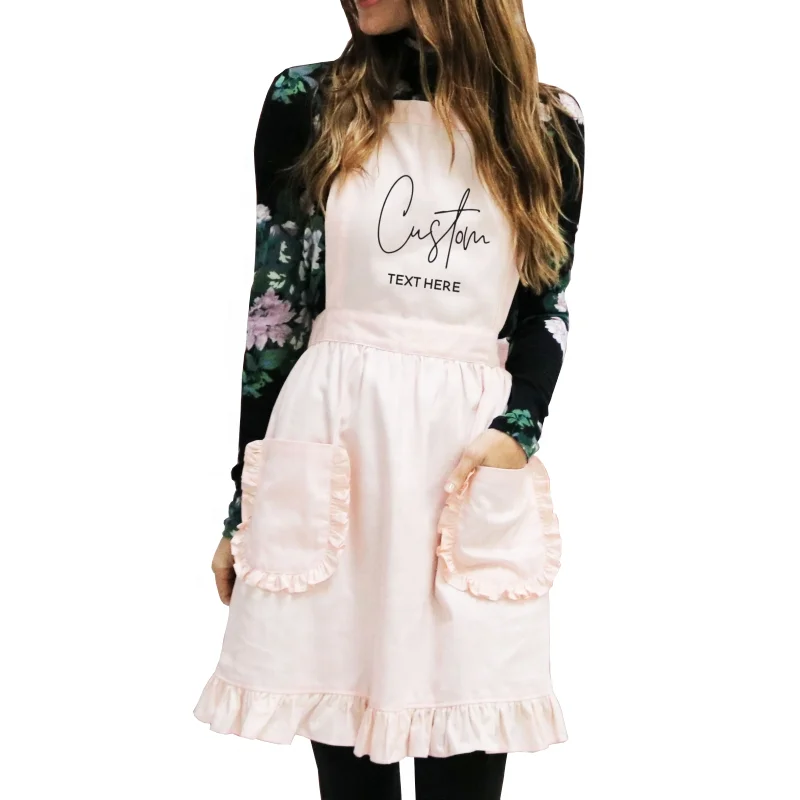 Оптовая продажа, женские розовые фартуки с оборками, индивидуальный логотип с карманами для подарков и свадьбы