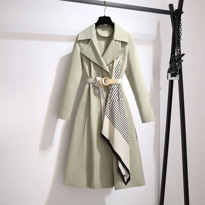 Elegant Office Lady New Style Spring Women's Trench Coat British-Style Lapel with Thin Belt and Scarves Casual Wind Coat