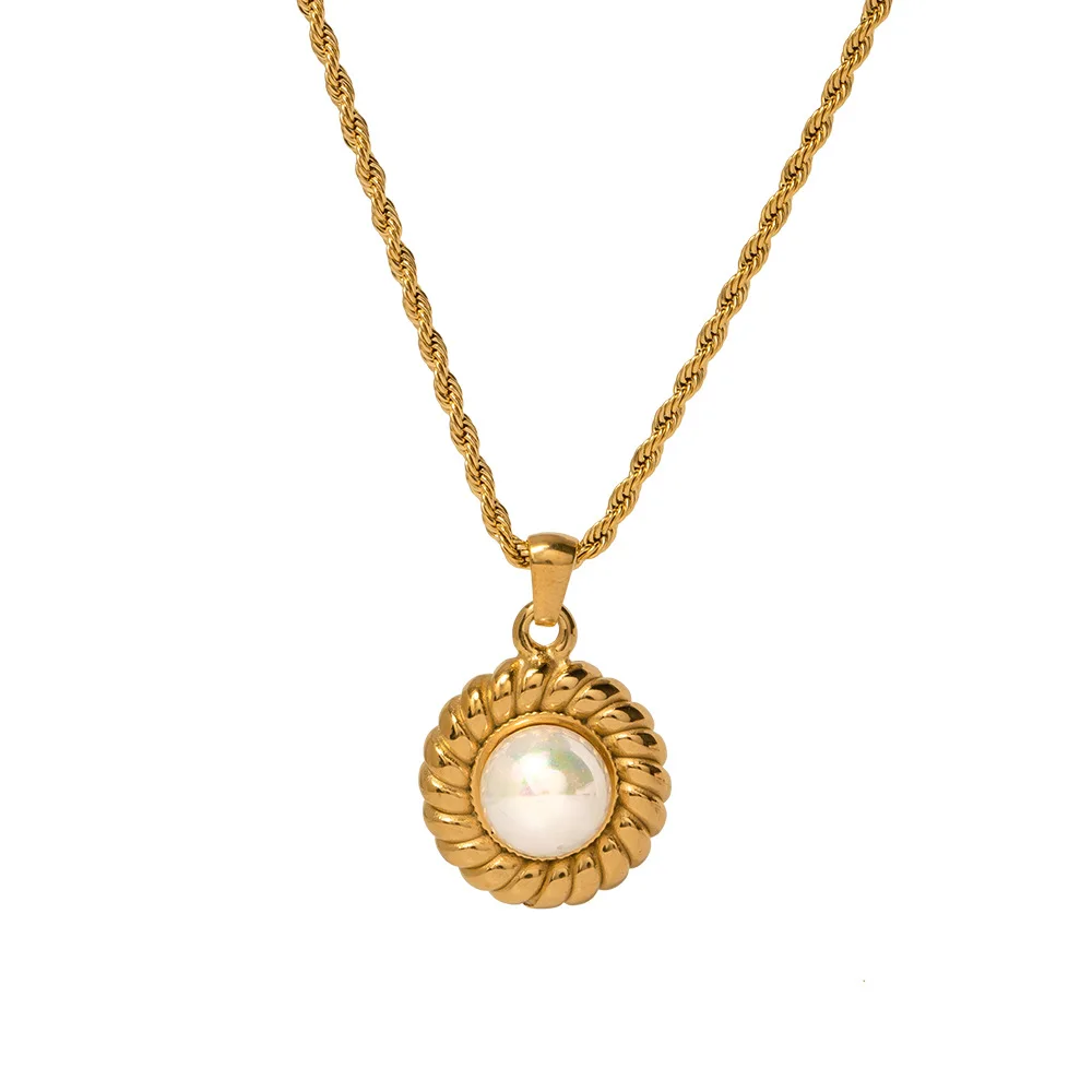 Retro Jewelry Twisted Croissant Round Pearl Pendant Necklace 18K Gold Plated Stainless Steel Pearl Pendant Necklace