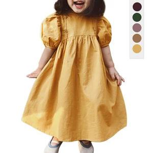 2026 New Kids Short-sleeved Dress Children's Casual Custom Embroidered Cotton Linen Solid Color Girls Dress