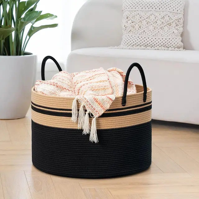 Large Home Decorative Woven Storage Basket with Cotton Rope Handle  Blanket Organizer Packaged in Cartons