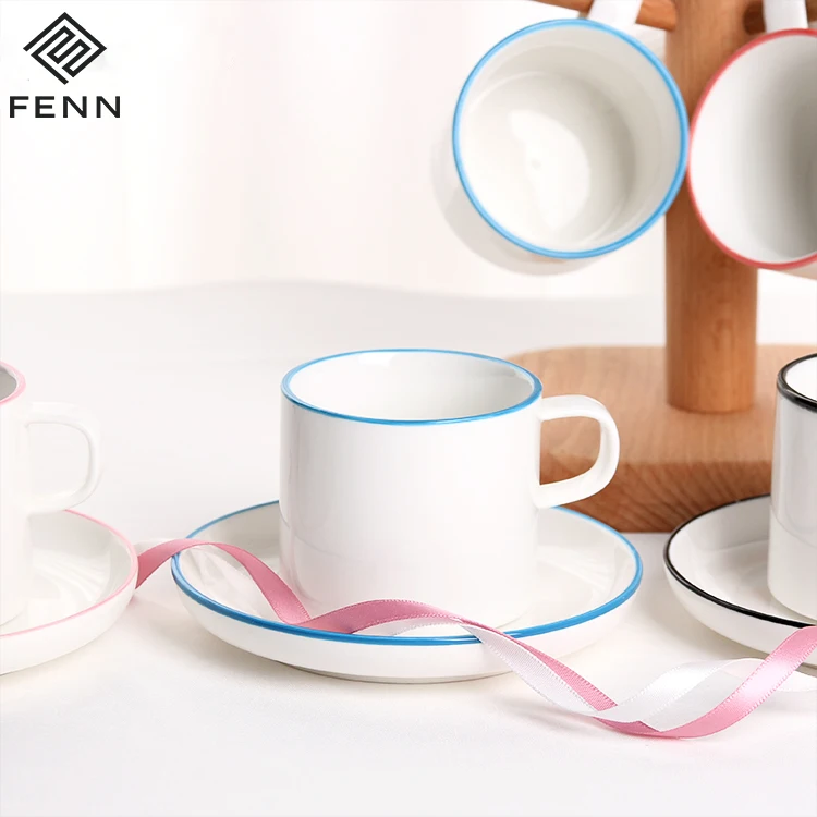 FENN Minimalist Style Hand-painting Color Rim Porcelain Coffee Cup 150ML Nordic Ceramic Espresso Cup and Saucer for Coffeeshop