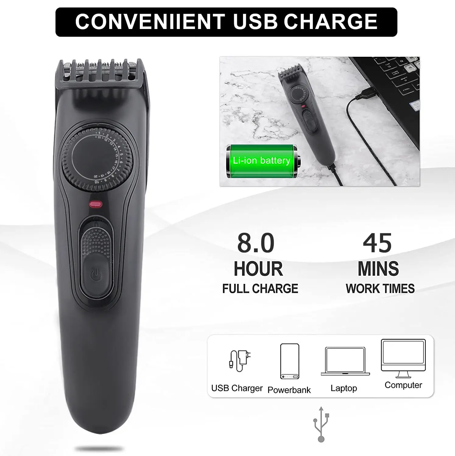 Adjustable Comb Removable Cutting Cordless Hair Clipper USB Rechargeable Hair Trimmer Cordless Hair Cut Clipper Trimmer for Men