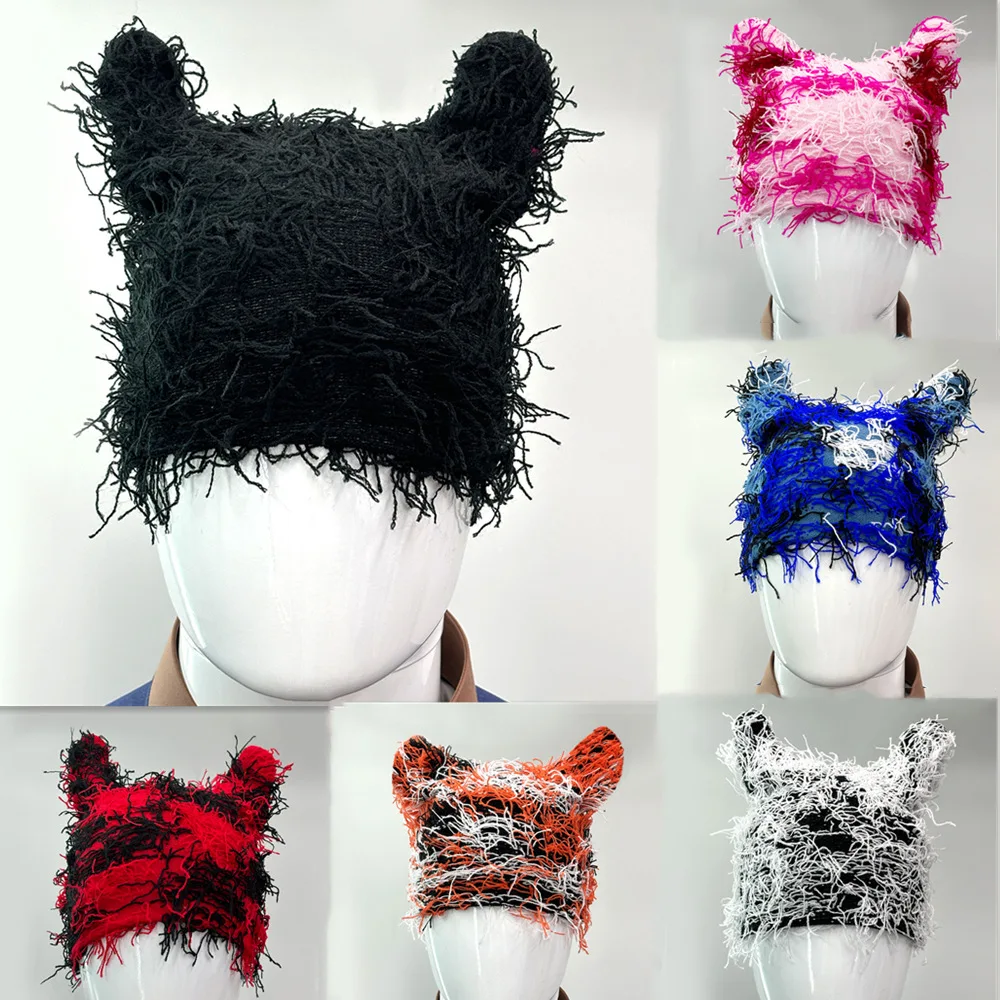 New Arrival Designer Custom logo Cat Ear Mask Ski Balaclava Jacquard Embroidery Distressed Winter Knitted Furry Y2K Beanie Hat