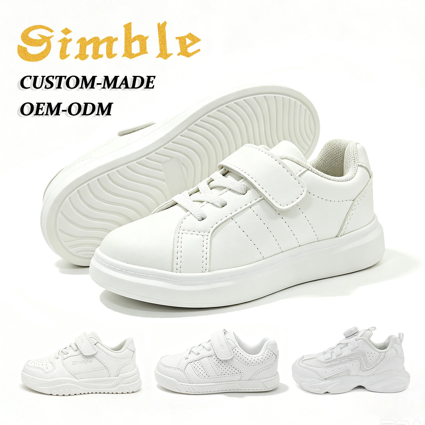 Factory Custom Kids White Back to School Shoes Breathable Light-weight PU Children Student Shoes Board Shoes