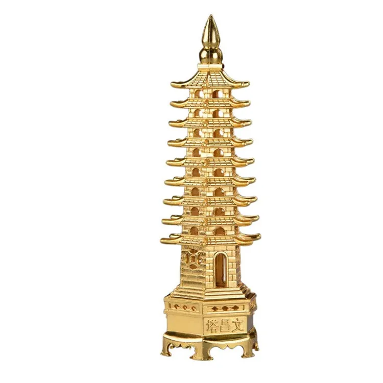 BRABUD 8.7'' Alloy Fengshui 9 Level Pagoda Wenchang Tower Statue Protection Business Rises Desk Decor Collectible Golden Color ZD113
