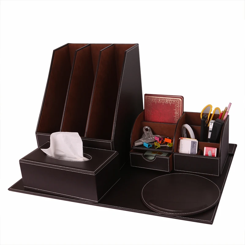 Розничная продажа индивидуальный стиль офисный набор органайзер для стола черный Oem держатель офисного кожаный коричневый