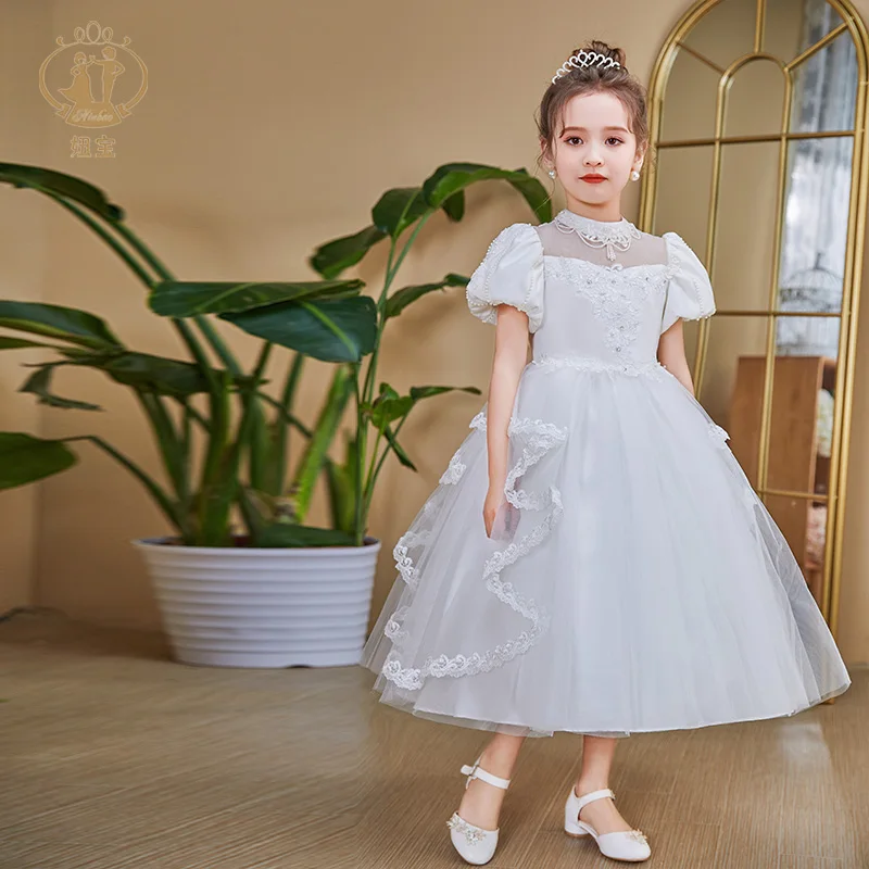 NIMBLE White Embroidery Fluffy Kids Girls Christening Baptism Gown