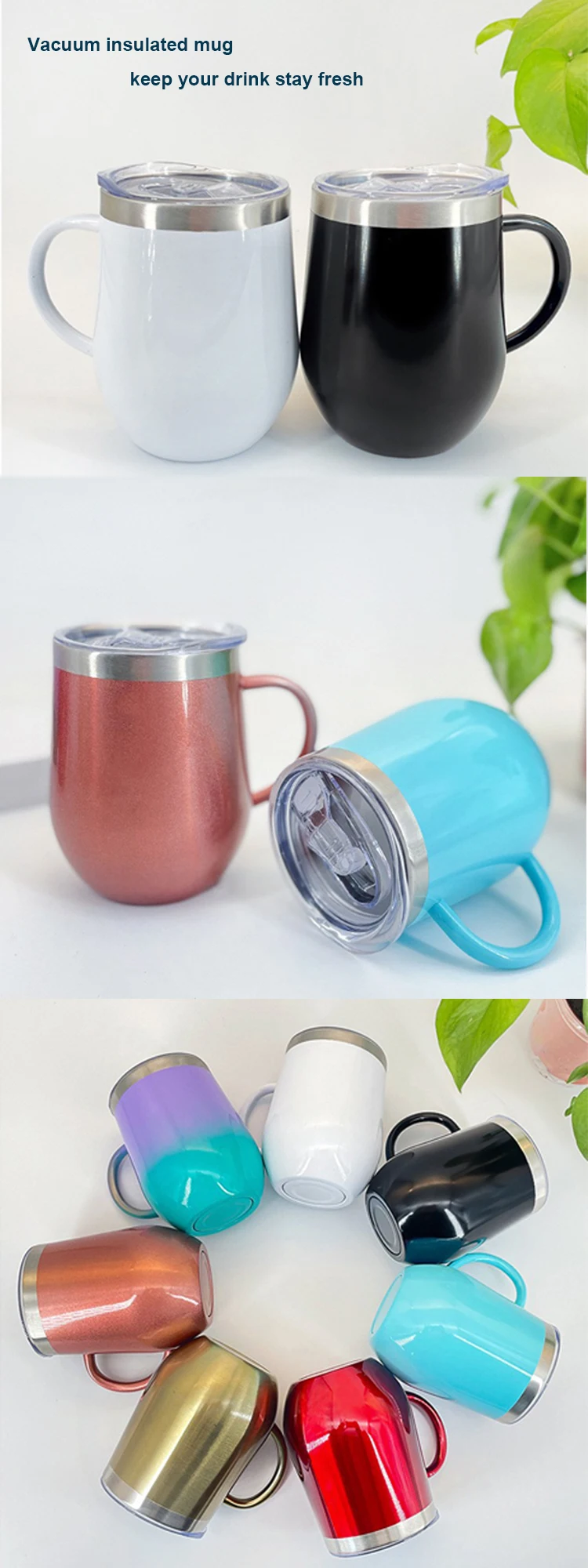 Custom stainless steel coffee mug with handle powder coated leak proof double wall vacuum drink cup with bpa free lid