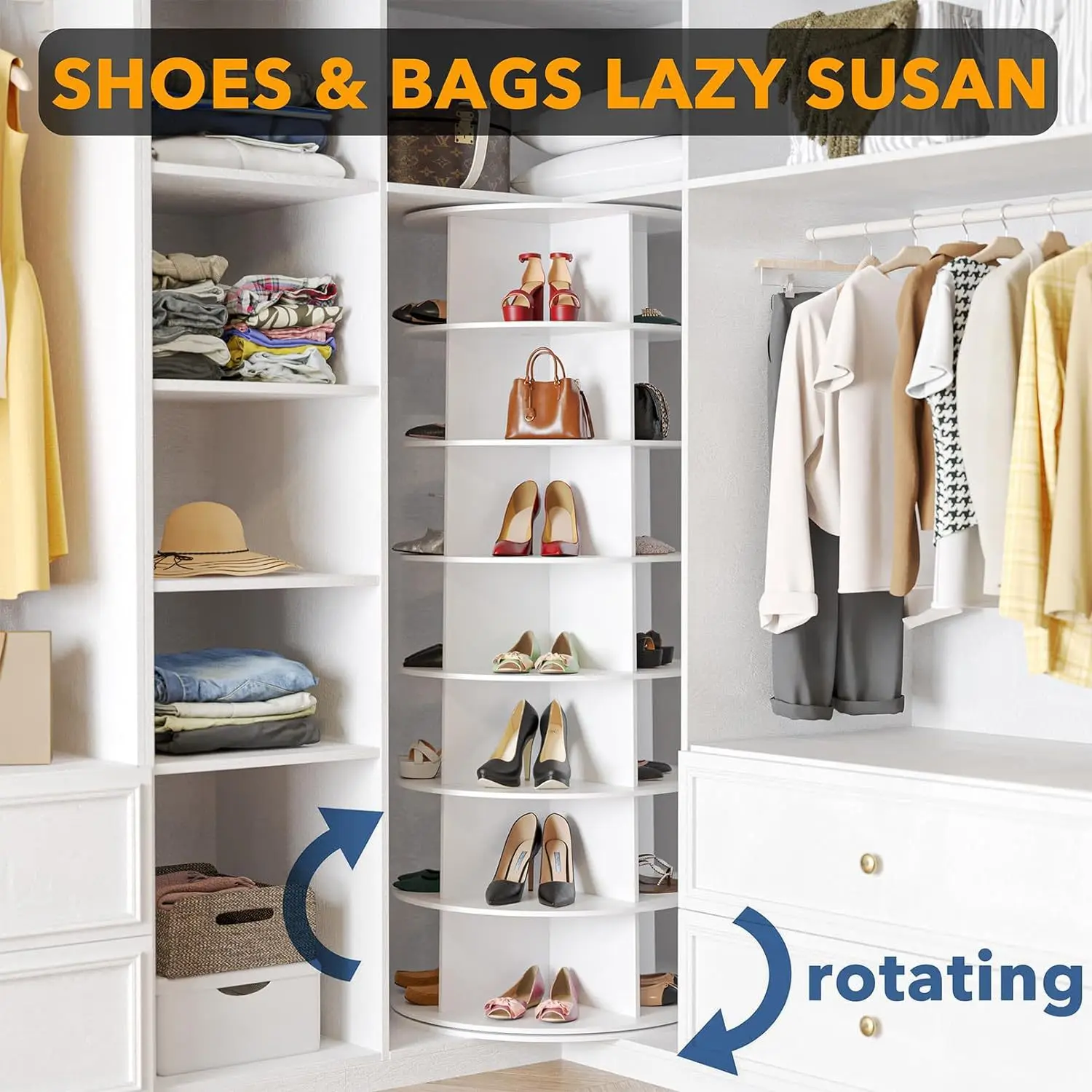 7 Tier Rotating Spinning Tote Bag Display Tower White Round Carousel Revolving 360 Storage Shoe Rack for Room