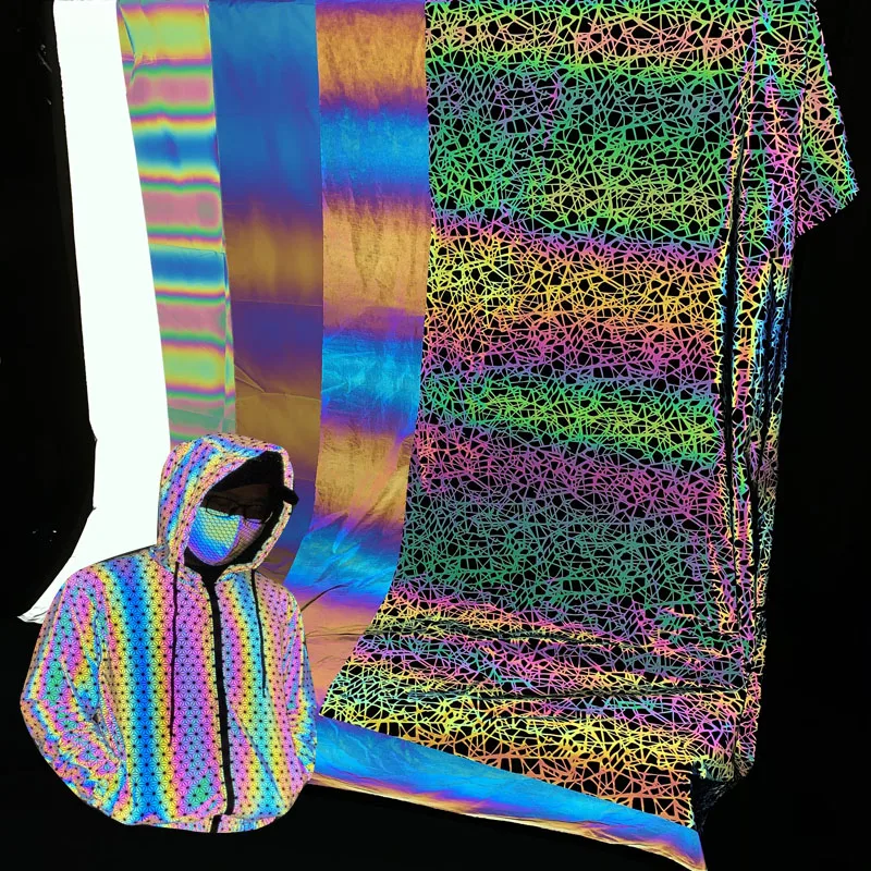 Custom Printing Iridescent  Polyester Spandex Rainbow Reflective Fabric for Fashion Clothes Jacket Material