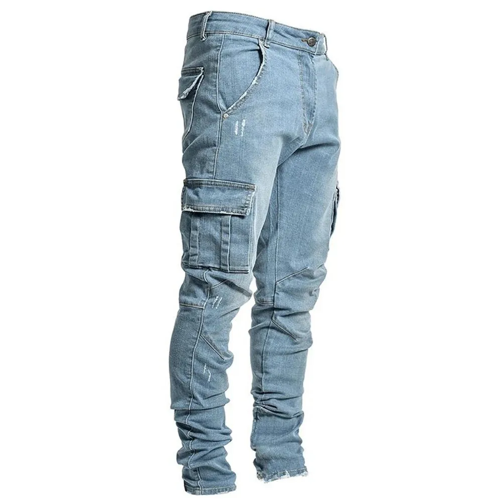 Men's Mid Waist Streetwear Denim Slim Fit Skinny Cargo Jogger Pants Korean Style Multi-Pocket Trendy Ins