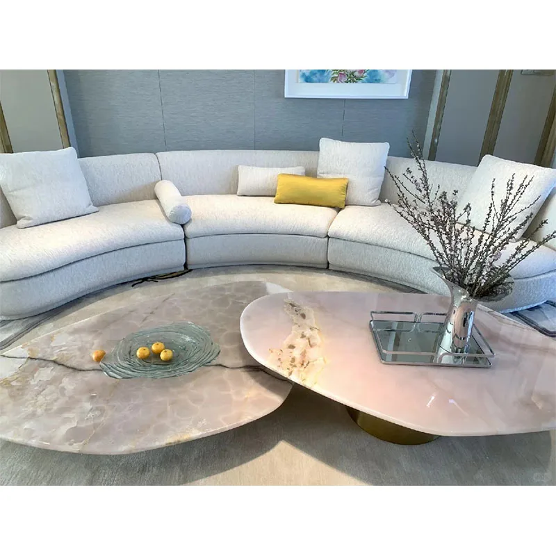 Modern Minimalist Onyx Marble Coffee Table with Pink Timber Top for Living Room for Home Furniture