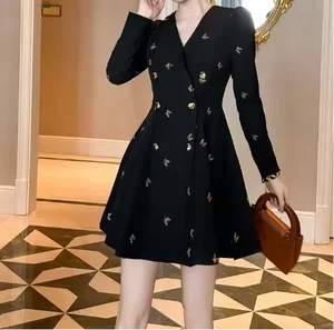 Luxury Custom Women's V-Neck Dress Eco-Friendly 3D Embroidery New Arrival Spring Autumn Casual Streetwear Black Natural