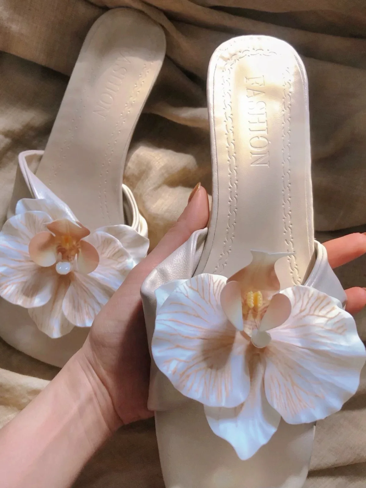 Color Luxury Girls Summer Thin Heel Slide Shoes Square Toe Orchid Flower Women Sandal Low Heels - Image 3