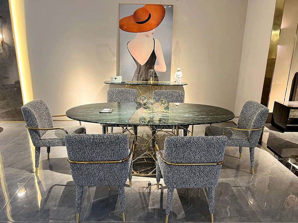 Italian Natural Round Marble Dining Table Set with 6 Modern Chairs ...