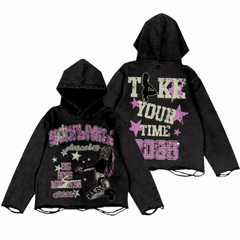 Screen Print Pullover Sweatshirts Unisex Custom100% Cotton Oversized Raw Hem Cut Bottom Acid Wash Ripped Streetwear Hoodie Men