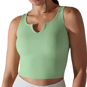 European American Women's High Elastic Thread V-Neck Semi-Fixed Cup Yogcover Fitness Vest Breathable Knitted Belly Cover Running