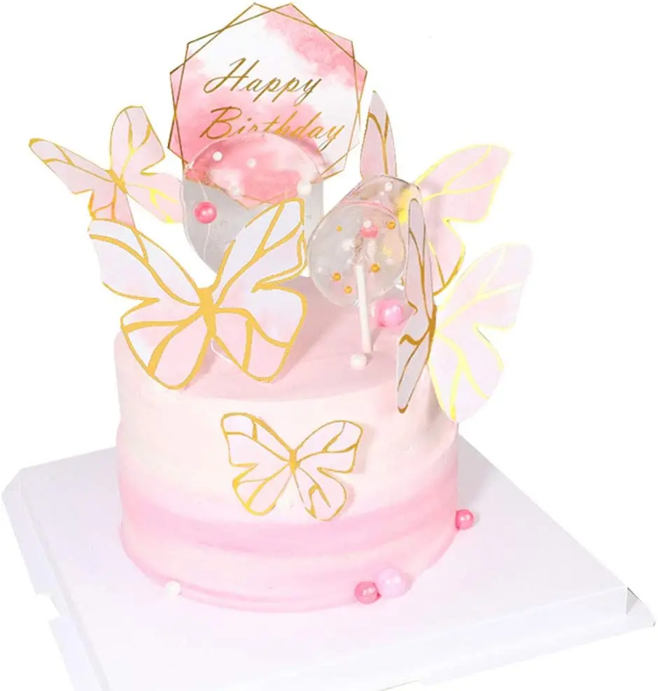 Décoration Gâteau Anniversaire - 26 Pièces Papillons Et Topper 'Happy Birthday', En Papier Et Acrylique Or - Pour Cupcakes, Gâteaux Enfants/adultes - 7