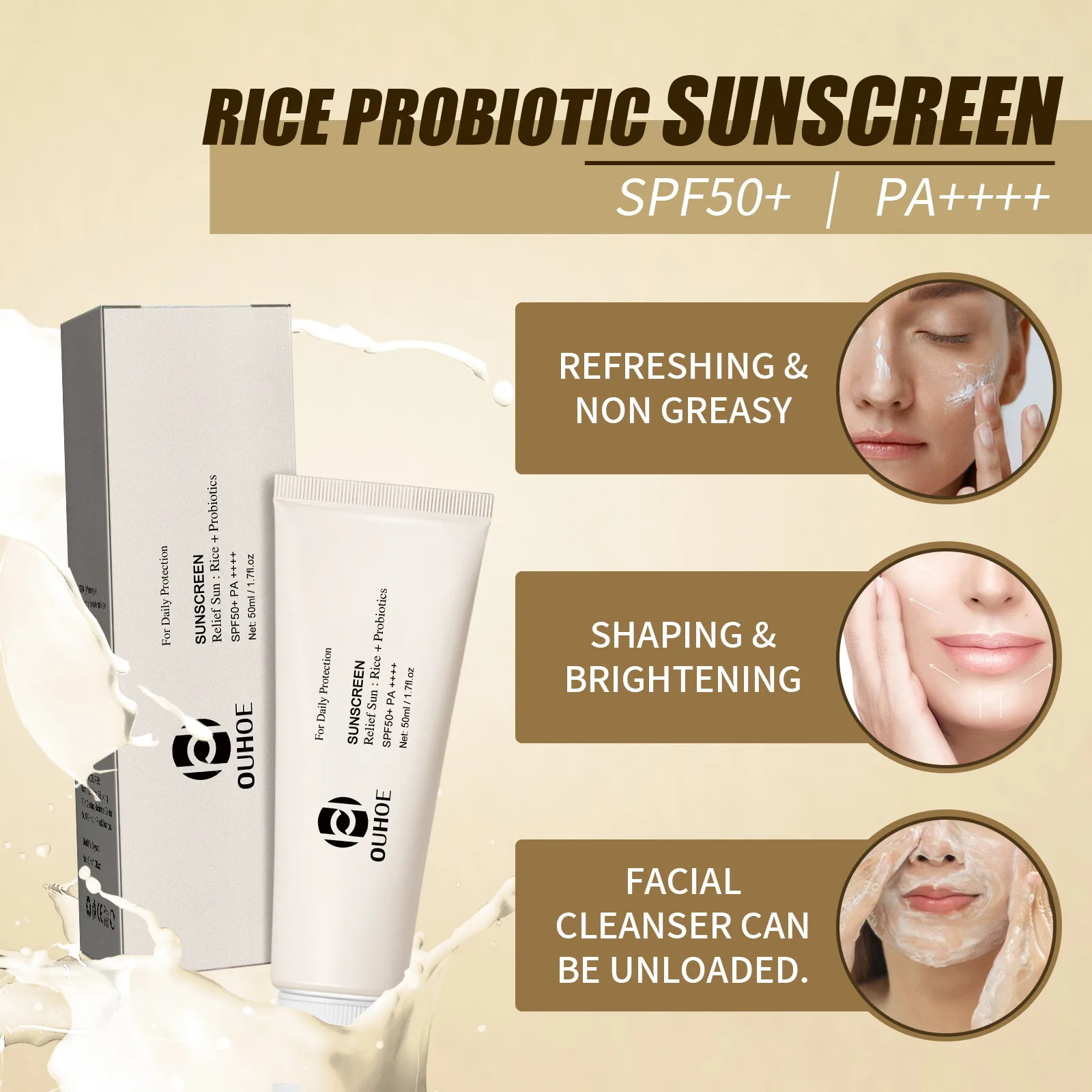 OUHOE Moisturizing Refreshing Rice Probiotic Sunscreen SPF 50 Sunscreen