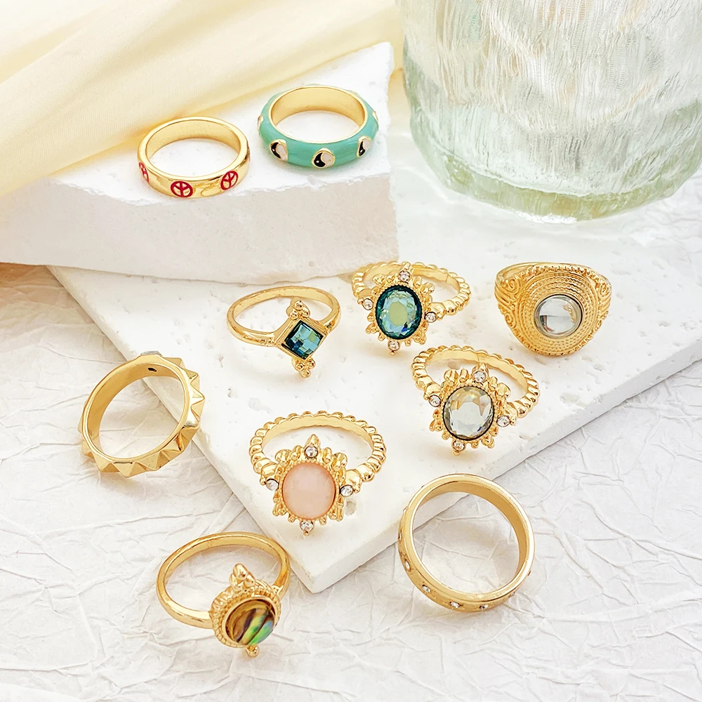 product new design wholesale alloy jewelry rings set for women 18k gold plated custom geometric twisted vintage rings set-4