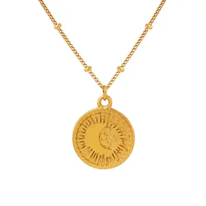 New Tarnish Women 18k Gold Plating Stainless Steel Round Disc Pendant Necklace Engraved Sun Star Moon Pendant Necklace for Women