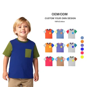 Wholesale Children's Clothing Kids High Quality Custom T Shirt Manufacturer Color Blocked 100% Cotton Boys T-shirts With Pocket