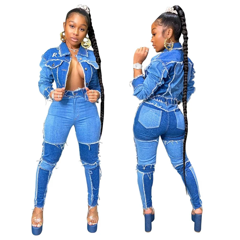 2 Two Set Fall Outfits Women Jeans Suits Fashion Cowgirl Costume For Lady Crop Jacket - Buy Denim Suit Women Jean Two Piece Two Piece Fall Outfits,Denim Two Piece