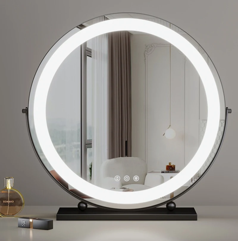 Gold Frame Round Rotating Tabletop Makeup Mirror with LED Light for Dressing Table Vanity