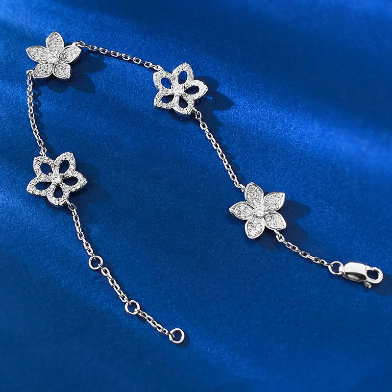 New S925 Silver Hollow Five Petal Flower Bracelet for Women