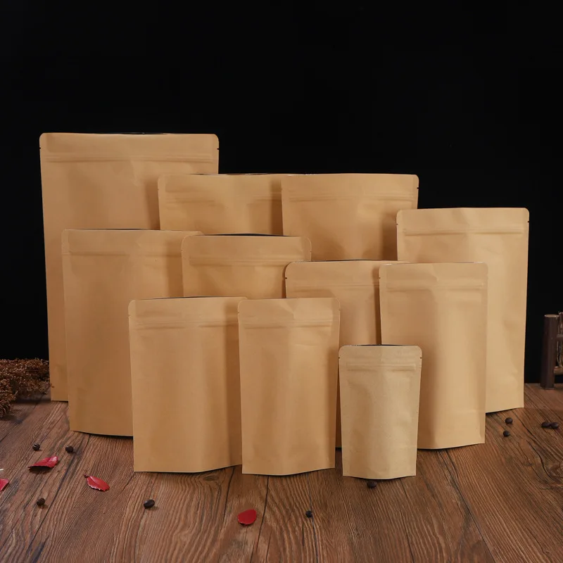 Custom Biodegradable Kraft Paper Stand Up Child Proof Zip Lock Packaging Bags For Snacks and Bars