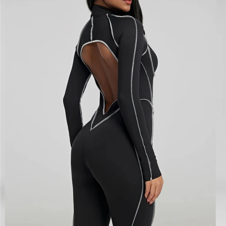 OEM Custom Manufacturers Long Sleeve Onesie Contouring Seams Open Back Bodysuit Zip up Jumpsuit Contour Stitch Catsuit for Women