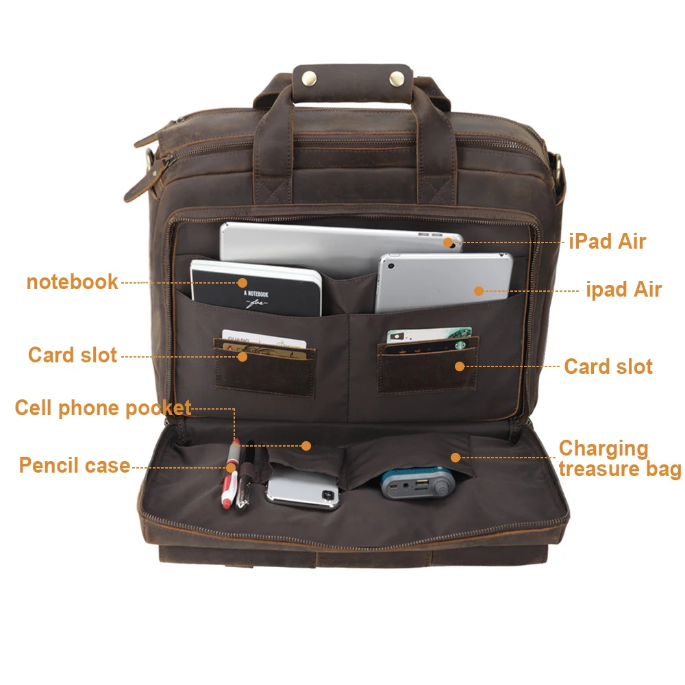 High Quality Vintage Design Large Genuine Leather Laptop Messenger Briefcase Bag for Men Crazy Horse Cowhide Leather Briefcase