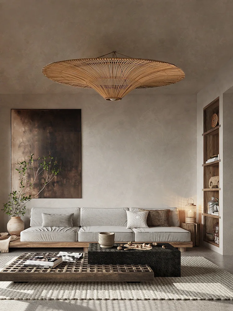 Minimalist Japanese Wabi Sabi Style Retro Rattan Art Ceiling Lamp Homestay Hotel,Southeast Asian Style Rattan Woven Lamp