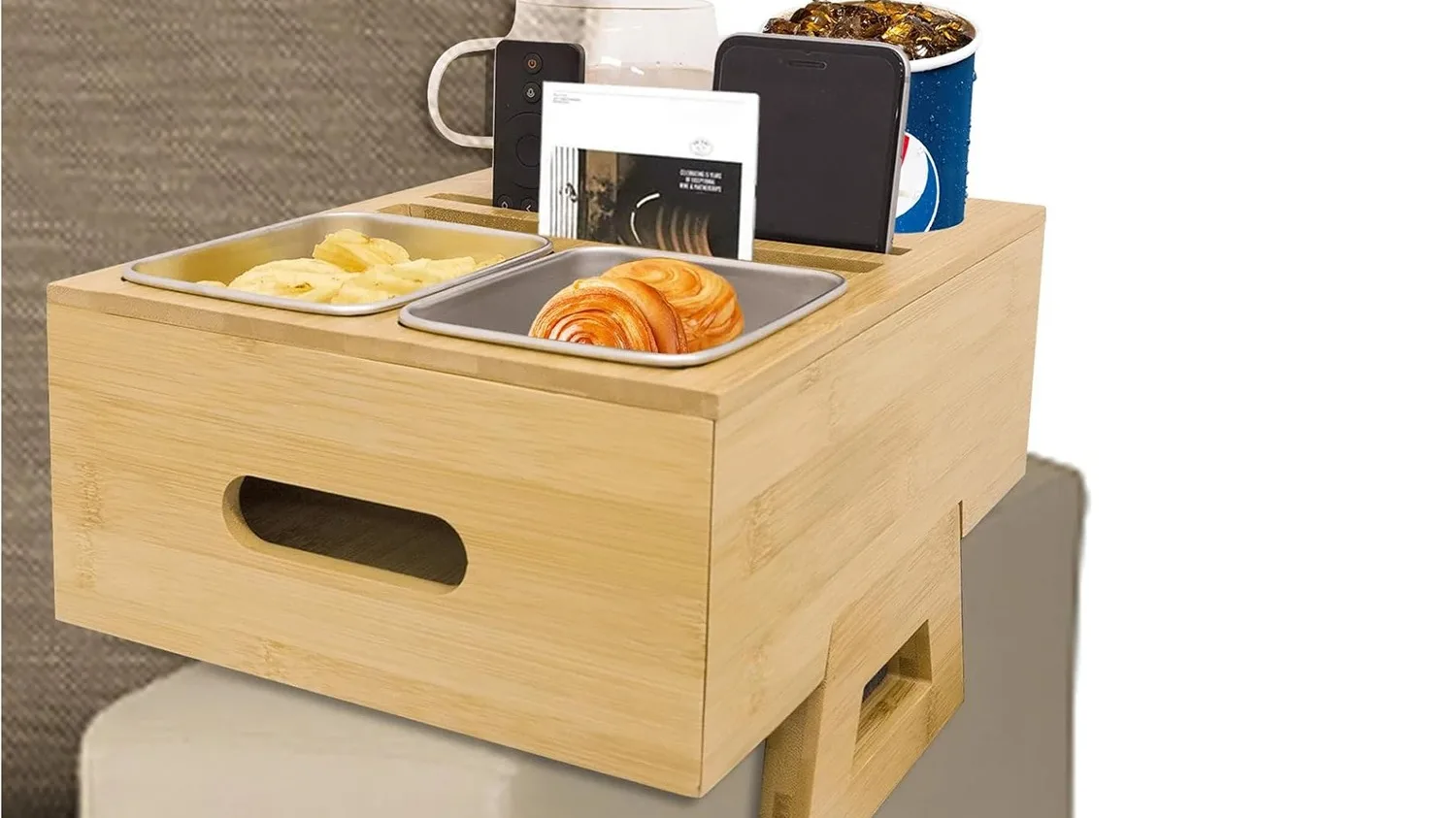 Portable Couch Snack Box Table With Drink Holders And Remote Control