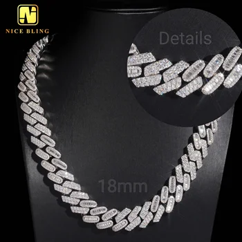 New Design Mixed Links Oval and Trapezoid 18mm Baguette Moissanite Chain Thick Hip Hop Rock 925 Silver Moissanite Cuban Bracelet
