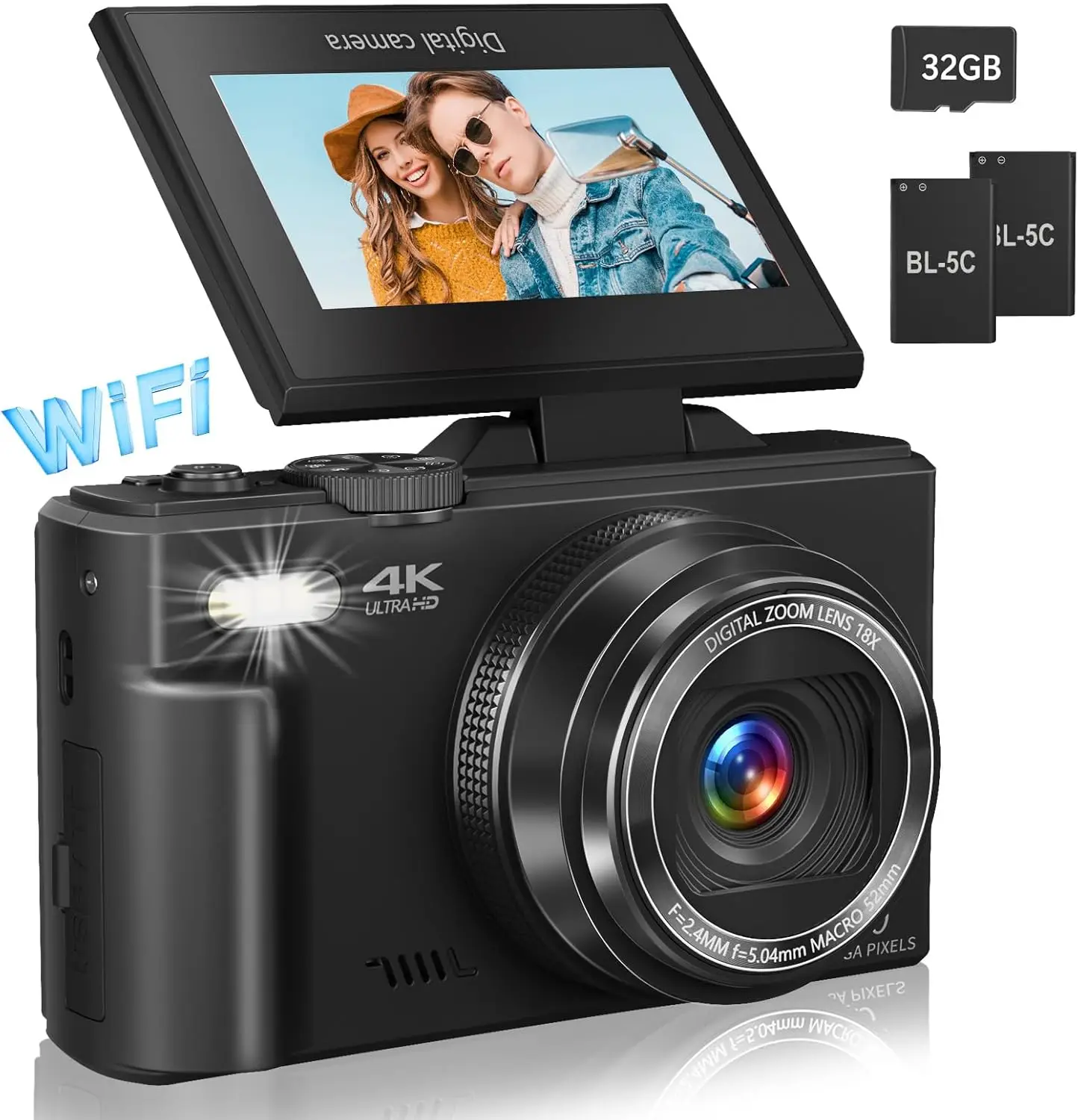 4K Compact Digital Photography Camera 18x Digital Zoom Vintage Vlog Video Recorder for YouTube 180° Flip Screen WiFi Webcam