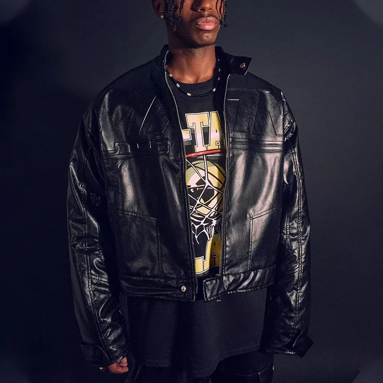 Boxy Vintage 100% Polyester Em Airtex Zip Up motorcycle Pu Leather Jacket Men_voghion.com