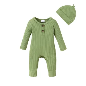 Wholesale Baby Clothing Set Open Chest Button Long Sleeve Jumpsuit Romper with Hat Fashion Style 100% Cotton for Autumn