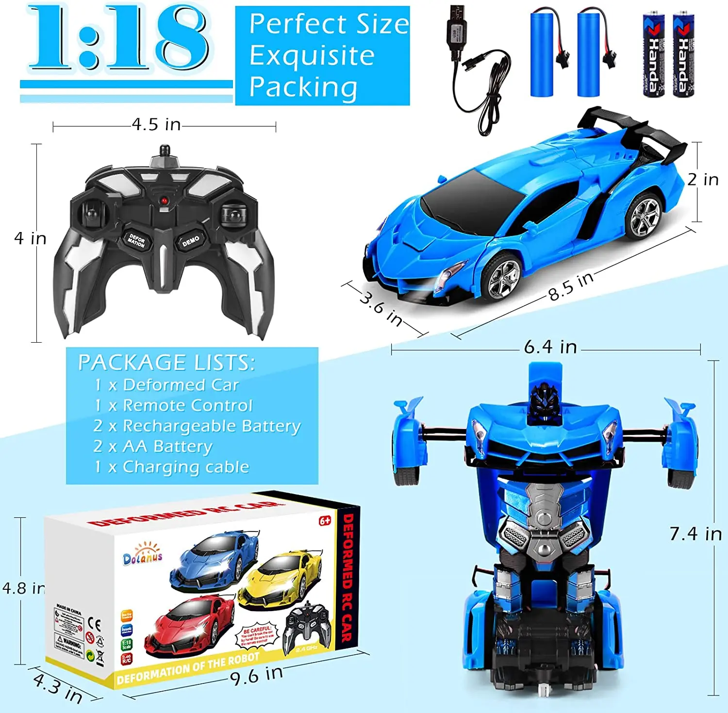  YZBHHWW RC Remote Control Car 1:18 Deformed Remote Control Car  Children's Toy Car 360°Rotating, One-Button Deformation, Car Robots Can Be  Switched at Will Cool Light Music Boy and Girl Toy Car 