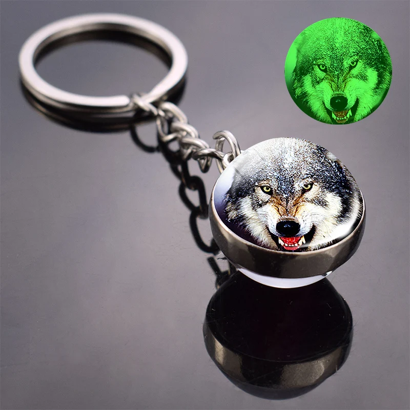 Glow in the Dark Wolf Key Chain - Howling Wolf & Moon Pendant
