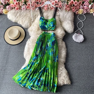Wholesale 2026 Summer New Seaside Holiday Print Camisole Strapless Top Sleeveless Two-piece Elegant Pleated Skirt Sets